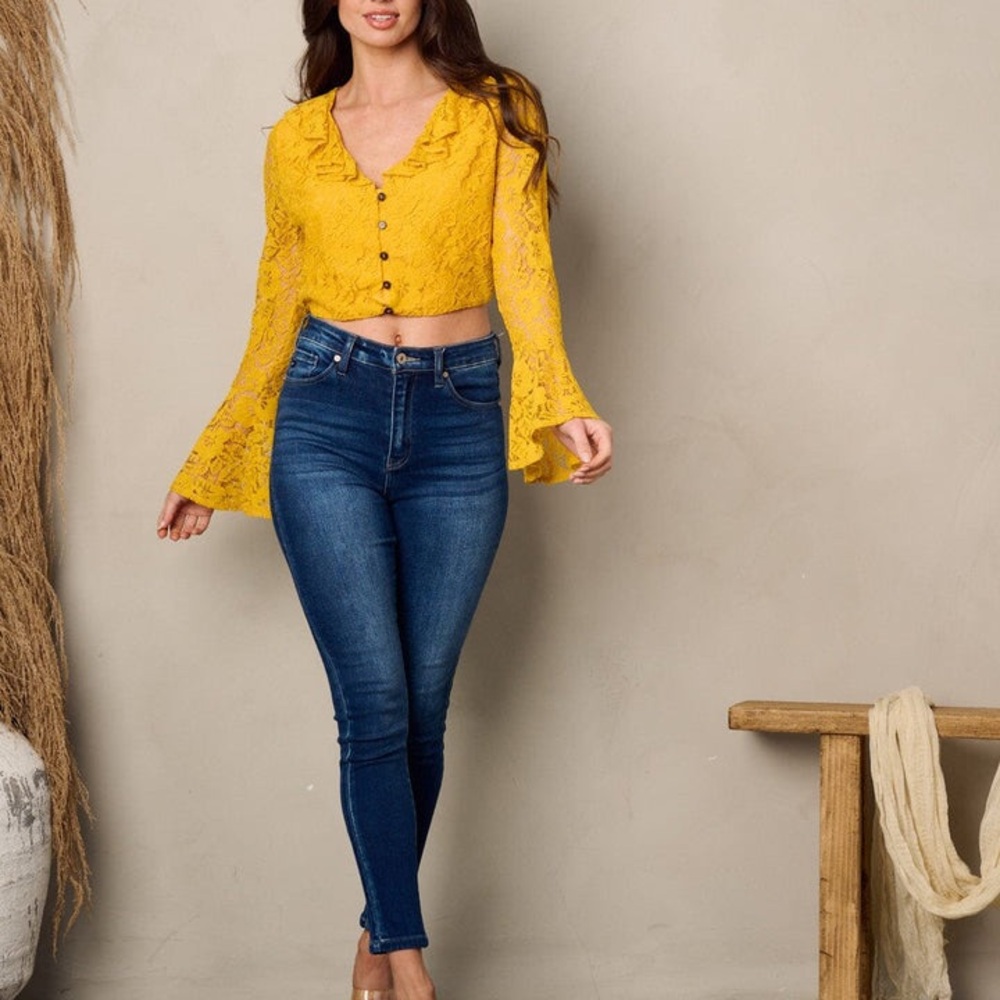 Yellow Lace Crop Top with Blue Jeans